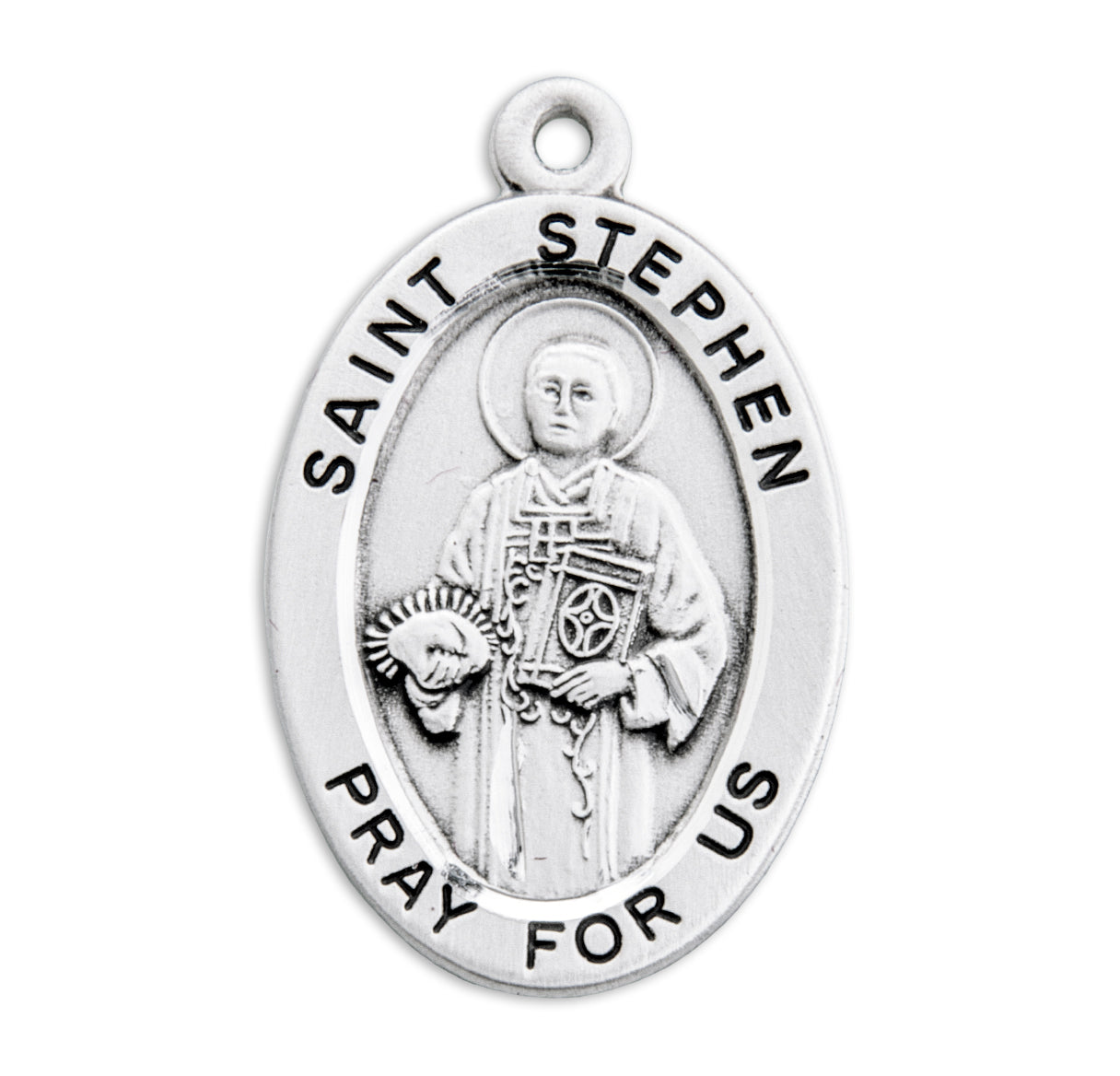 Saint Stephen Oval Sterling Silver Medal Pendant with Chain