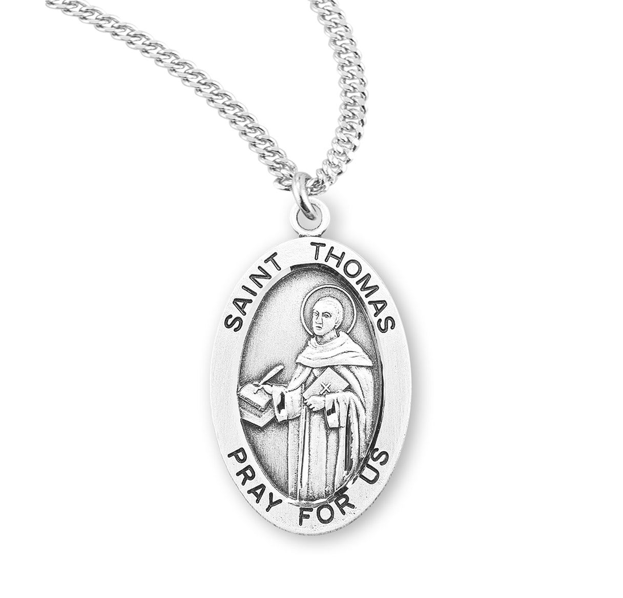 Patron Saint Thomas Aquinas Oval Sterling Silver Medal Pendant with Chain