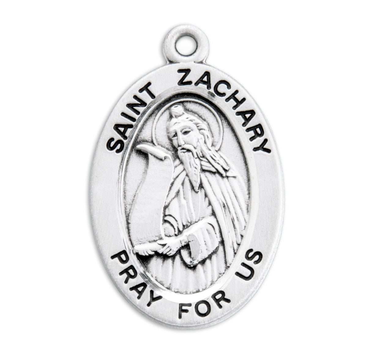 Patron Saint Zachary Oval Sterling Silver Medal Pendant with Chain