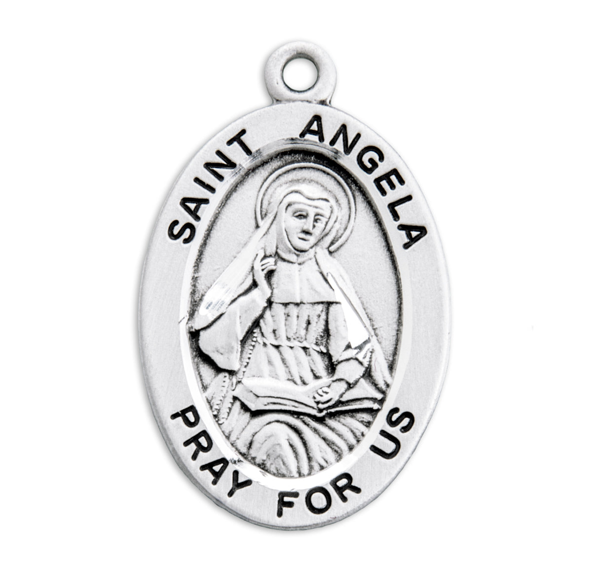 Patron Saint Angela Oval Sterling Silver Medal Pendant with Chain