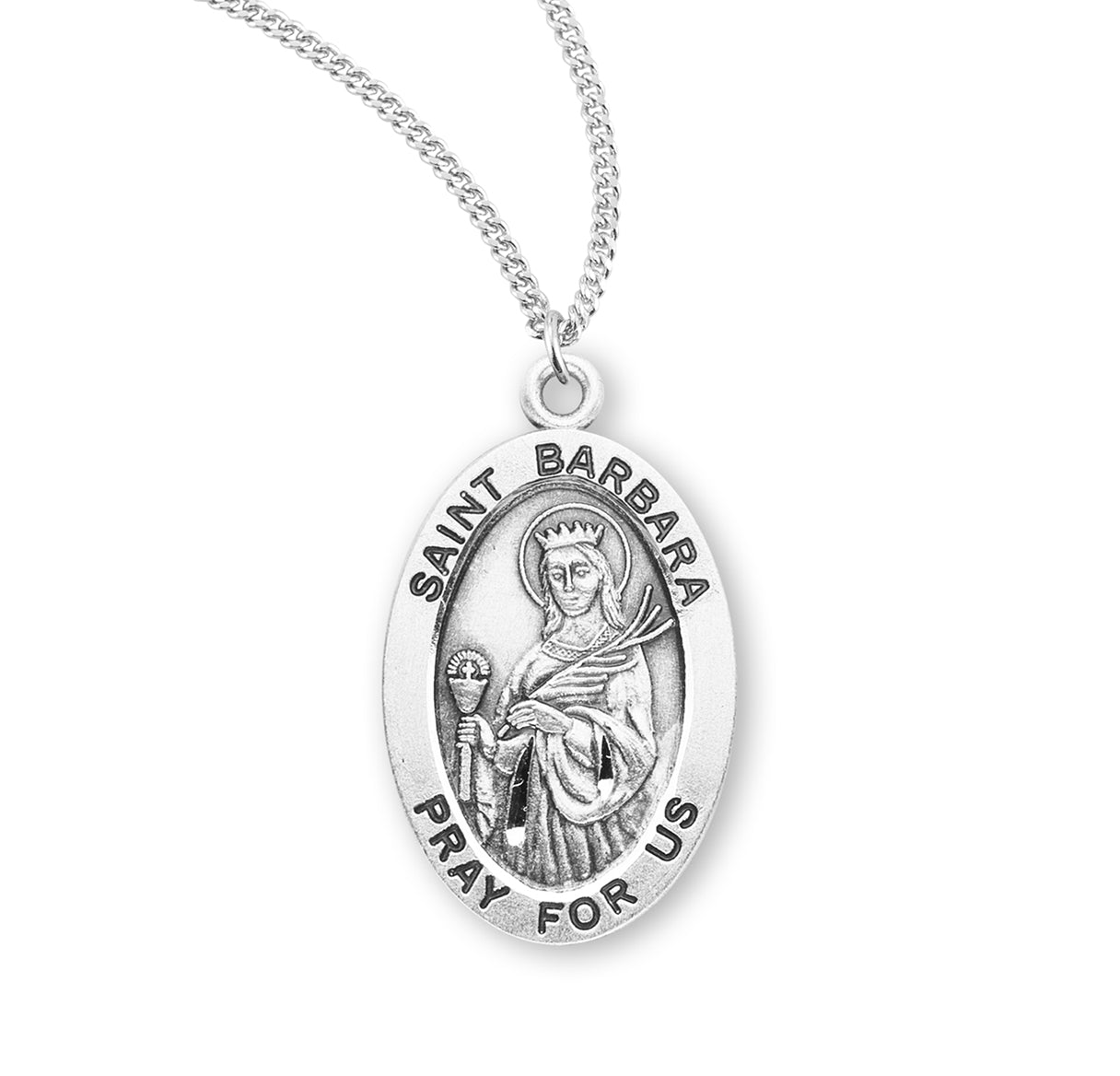 Patron Saint Barbara Oval Sterling Silver Medal Pendant with Chain