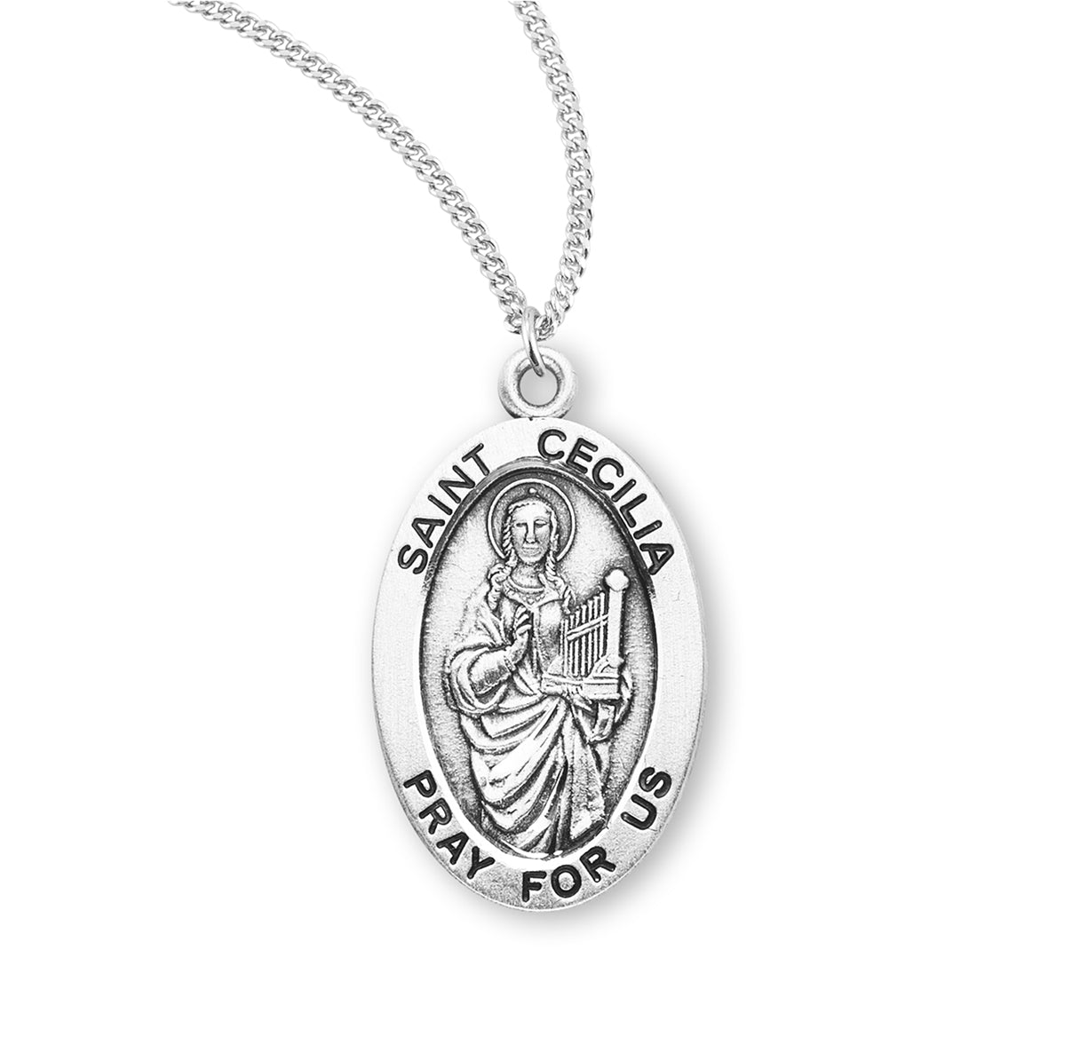 Patron Saint Cecilia Oval Sterling Silver Medal Pendant with Chain