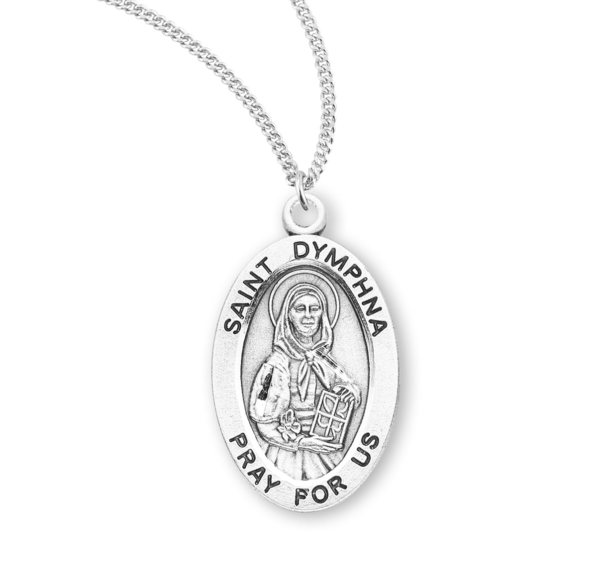 Patron Saint Dymphna Oval Sterling Silver Medal Pendant with Chain