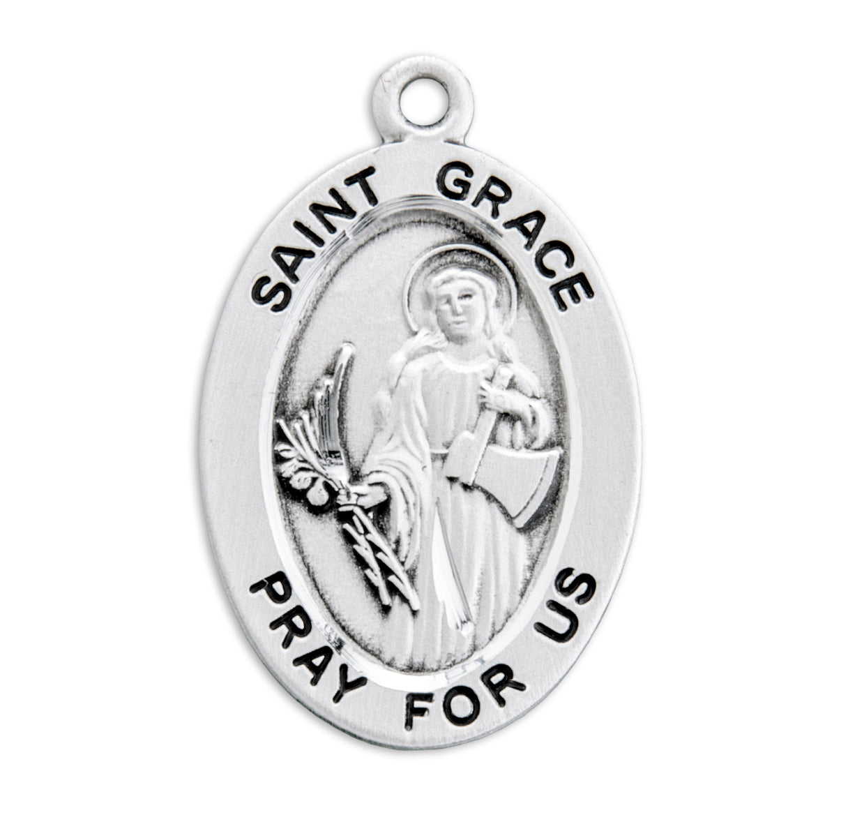 Patron Saint Grace Oval Sterling Silver Medal Pendant with Chain
