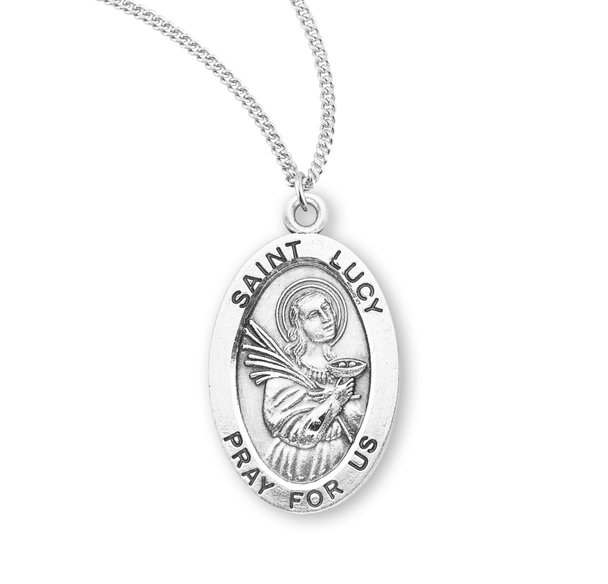 Patron Saint Lucy Oval Sterling Silver Medal Pendant with Chain