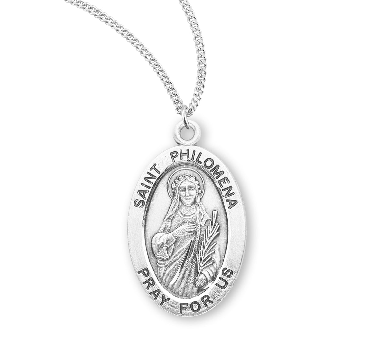 Patron Saint Philomena Oval Sterling Silver Medal Pendant with Chain