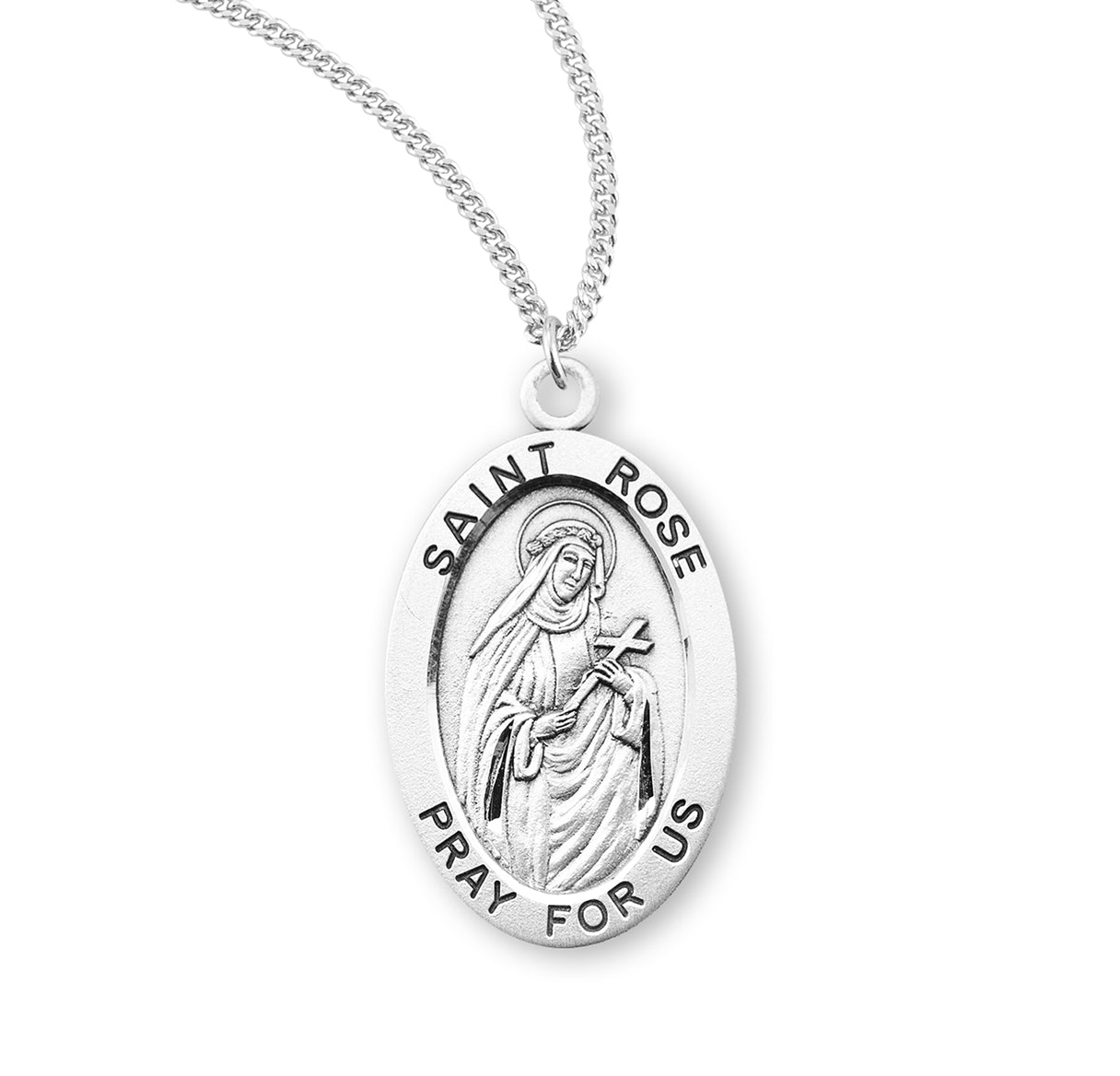 Patron Saint Rose Oval Sterling Silver Medal Pendant with Chain