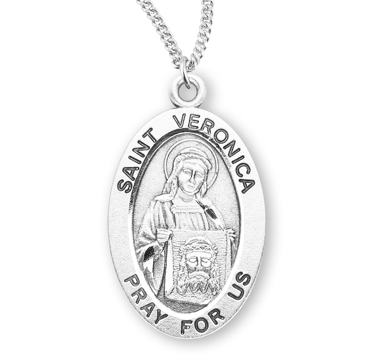 Patron Saint Veronica Oval Sterling Silver Medal Pendant with Chain