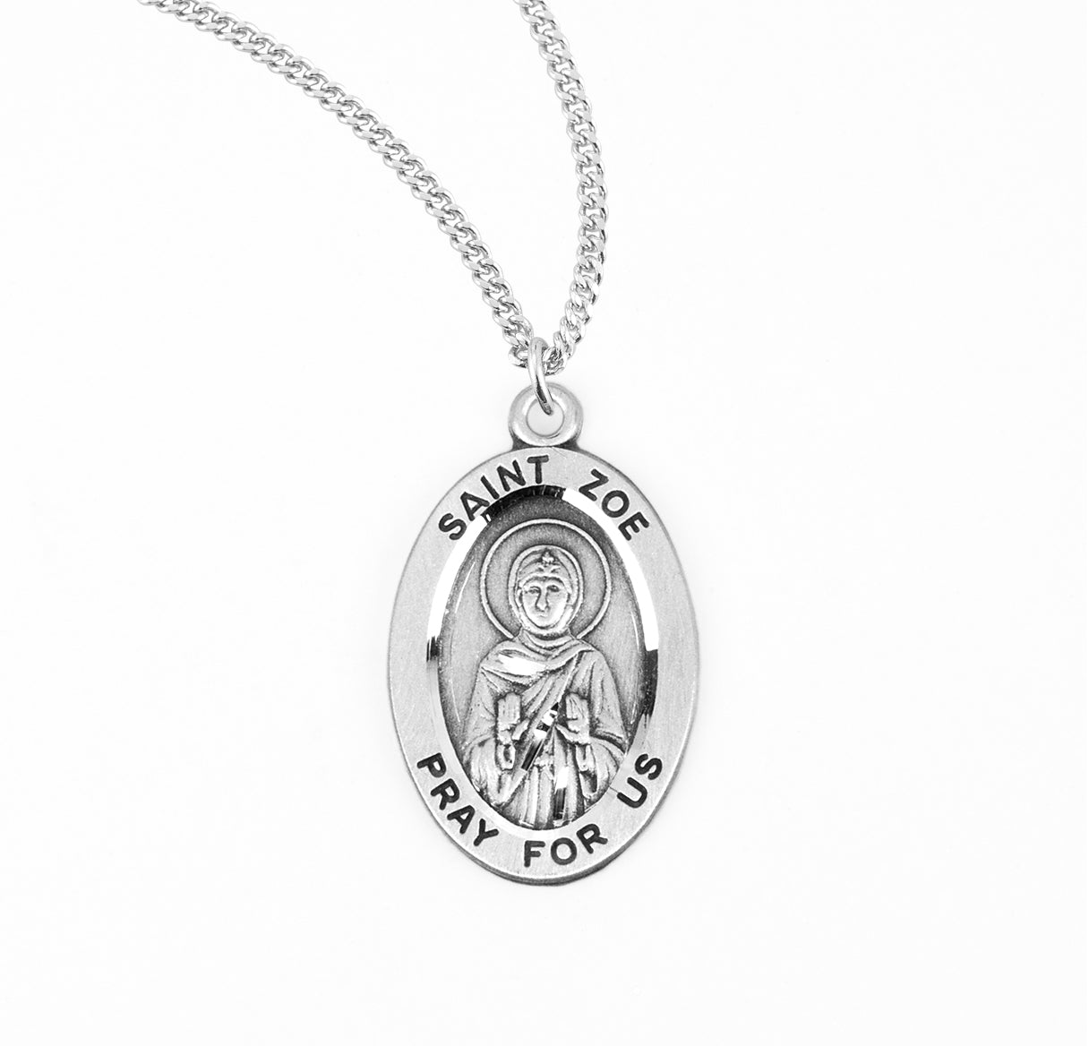 Saint Zoe Oval Sterling Silver Medal Pendant with Chain