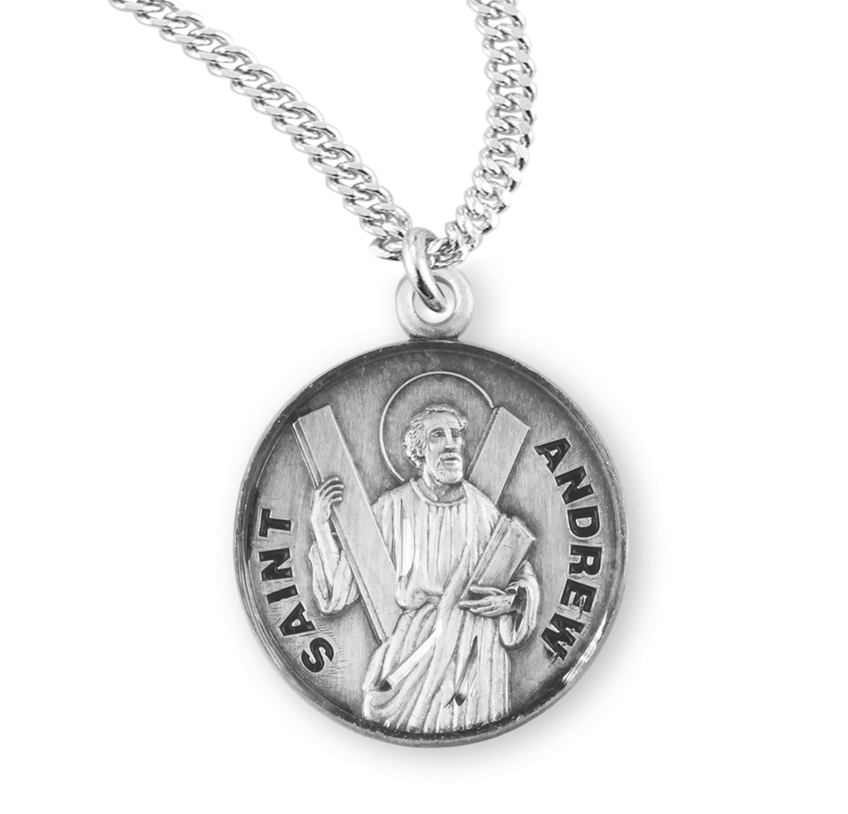 Patron Saint Andrew Round Sterling Silver Medal Pendant with Chain