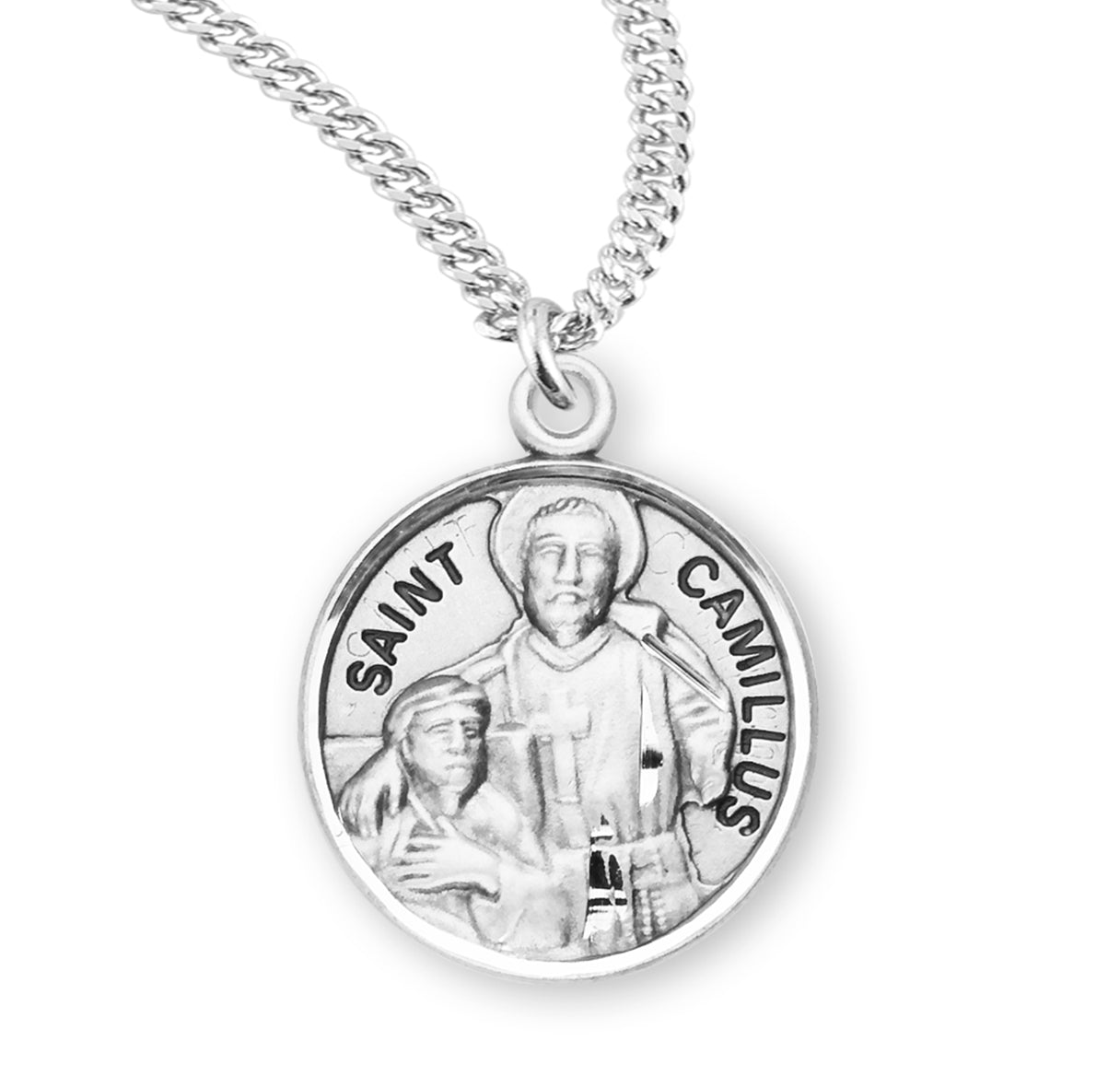 Patron Saint Camillus Round Sterling Silver Medal Pendant with Chain