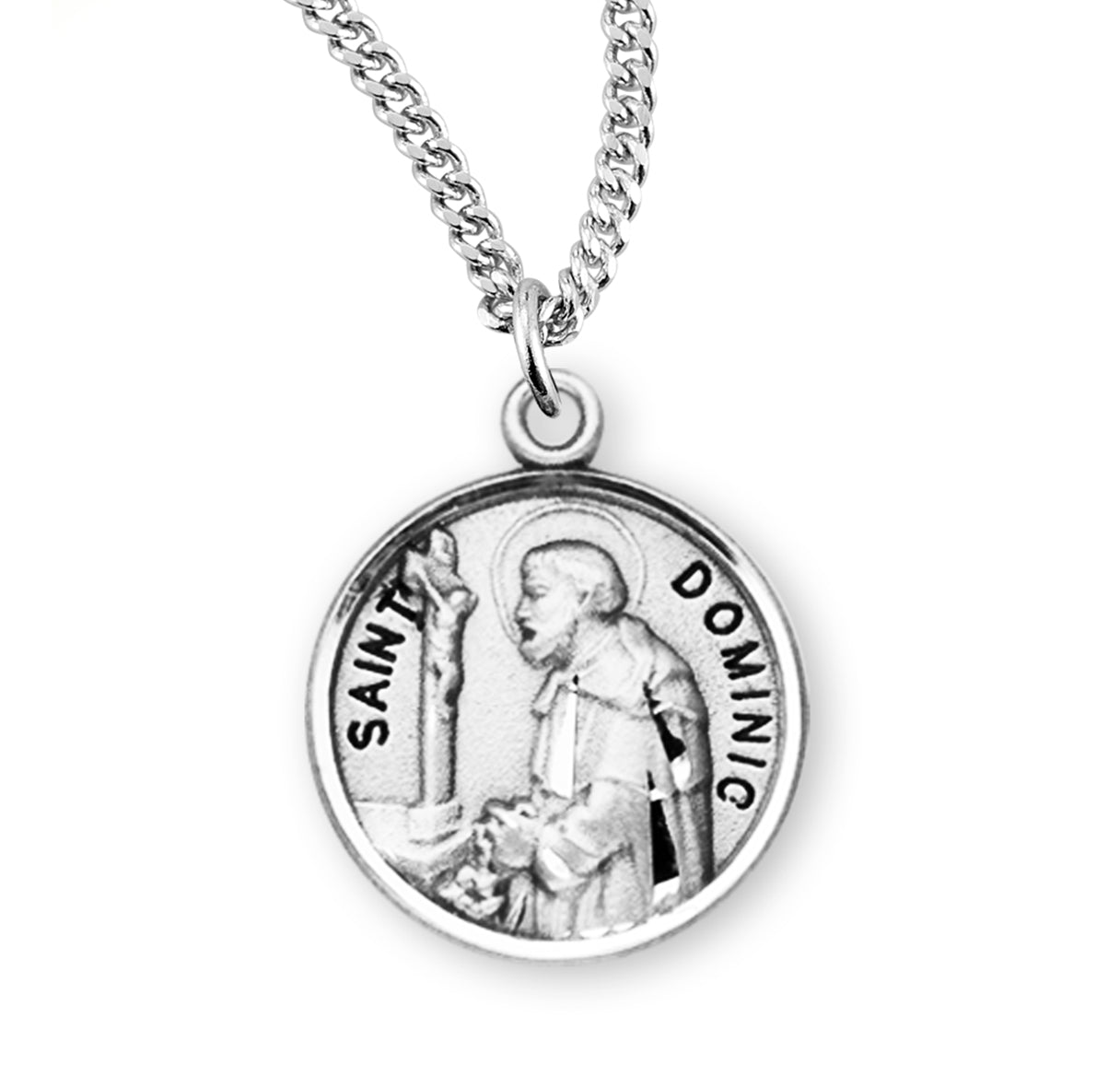 Patron Saint Dominic Round Sterling Silver Medal Pendant with Chain
