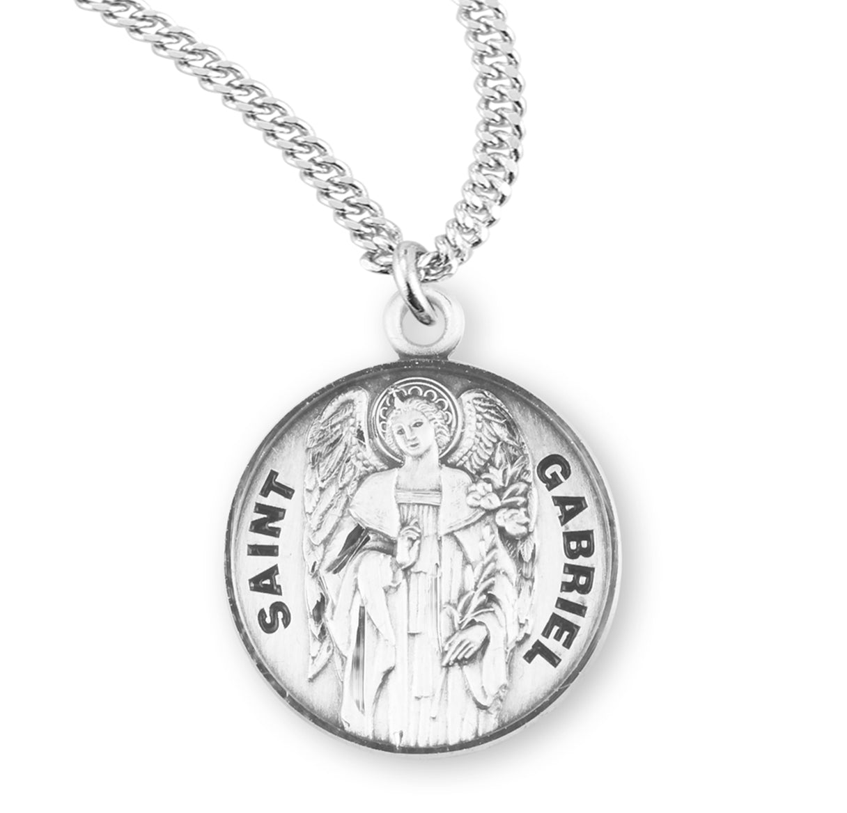 Patron Saint Gabriel Round Sterling Silver Medal Pendant with Chain
