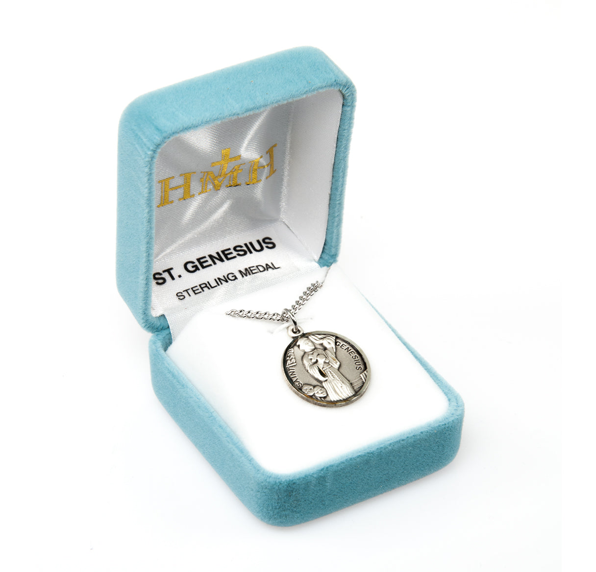Patron Saint Genesius Round Sterling Silver Medal Pendant with Chain