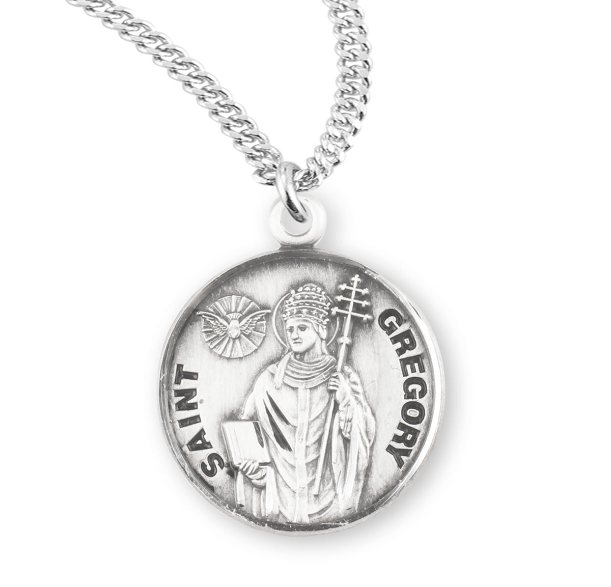 Patron Saint Gregory Round Sterling Silver Medal Pendant with Chain