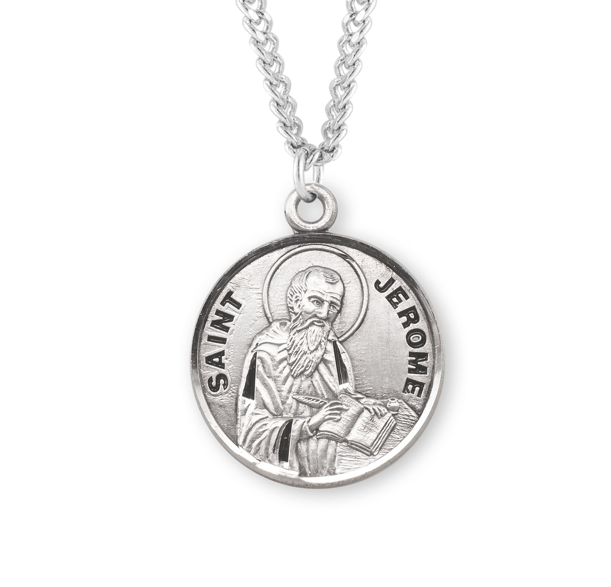 Patron Saint Jerome Round Sterling Silver Medal Pendant with Chain