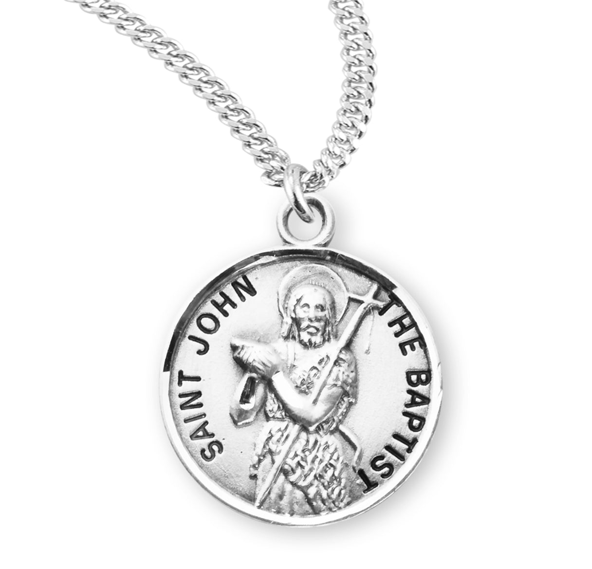 Patron Saint John the Baptist Round Sterling Silver Medal Pendant with Chain