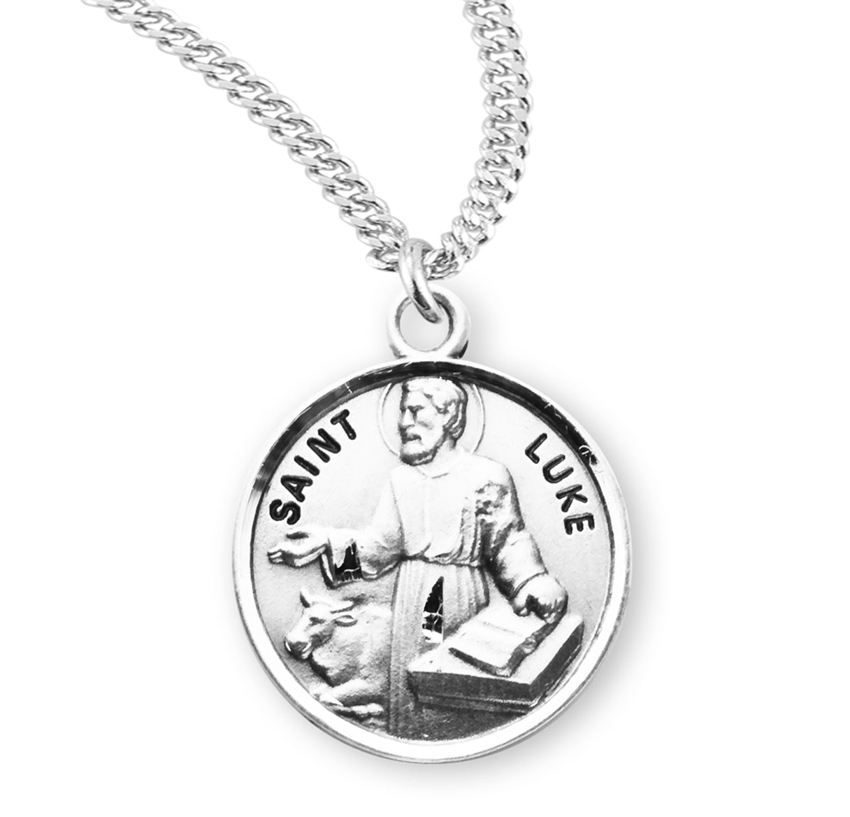 Patron Saint Luke Round Sterling Silver Medal Pendant with Chain