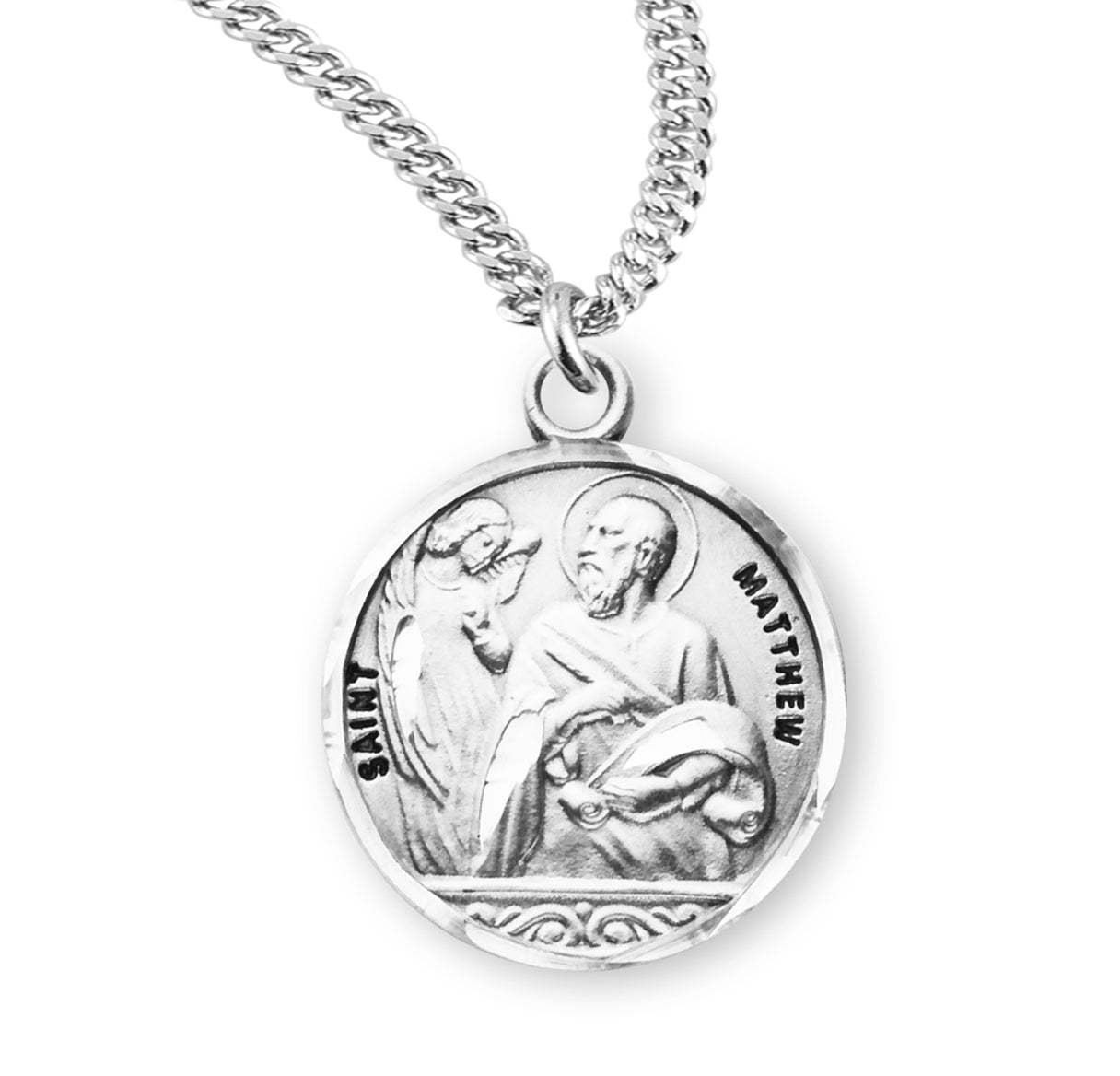 Patron Saint Matthew Round Sterling Silver Medal Pendant with Chain