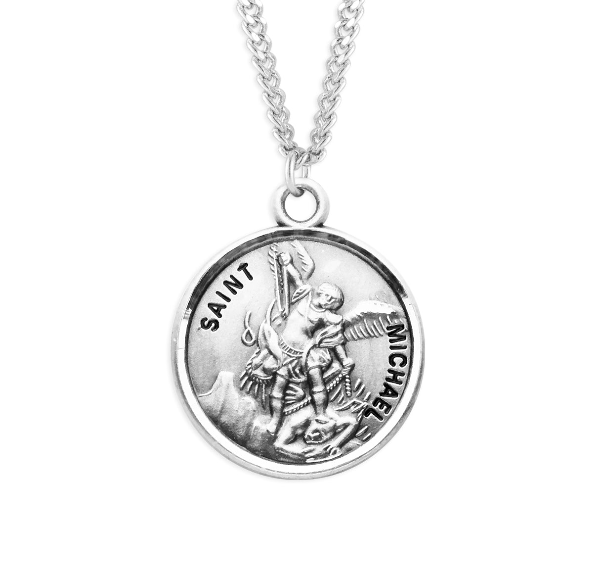 Patron Saint Michael Round Sterling Silver Medal Pendant with Chain