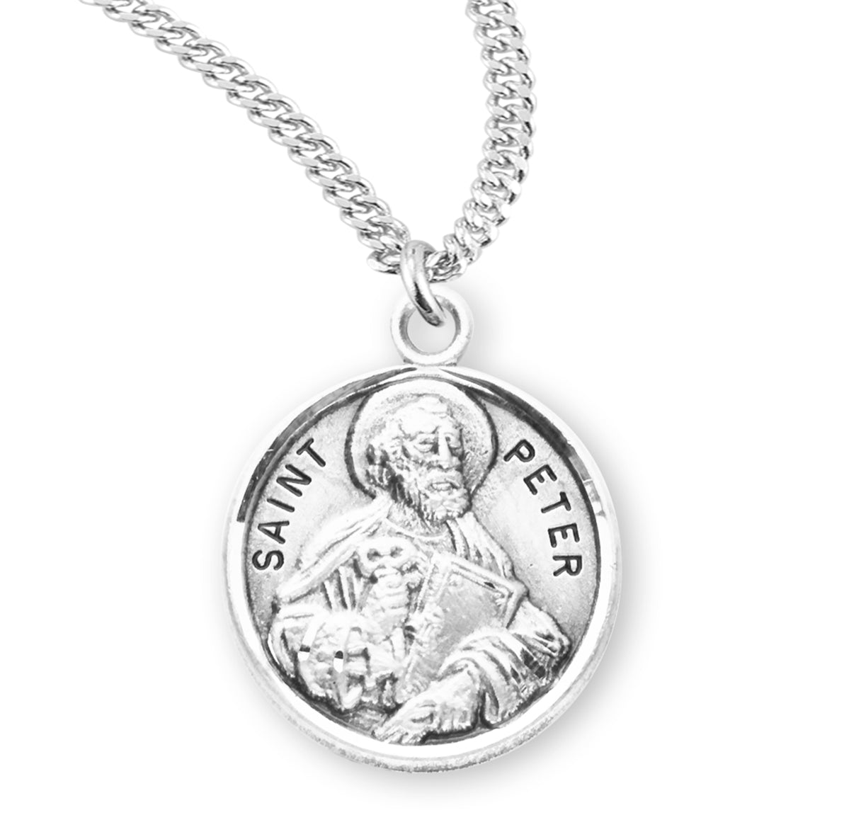 Patron Saint Peter Round Sterling Silver Medal Pendant with Chain