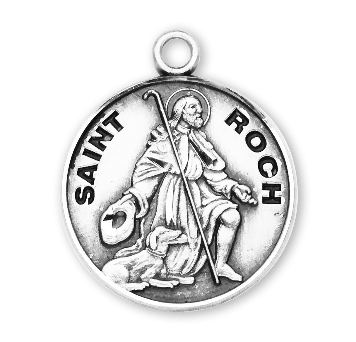 Patron Saint Roch Round Sterling Silver Medal Pendant with Chain