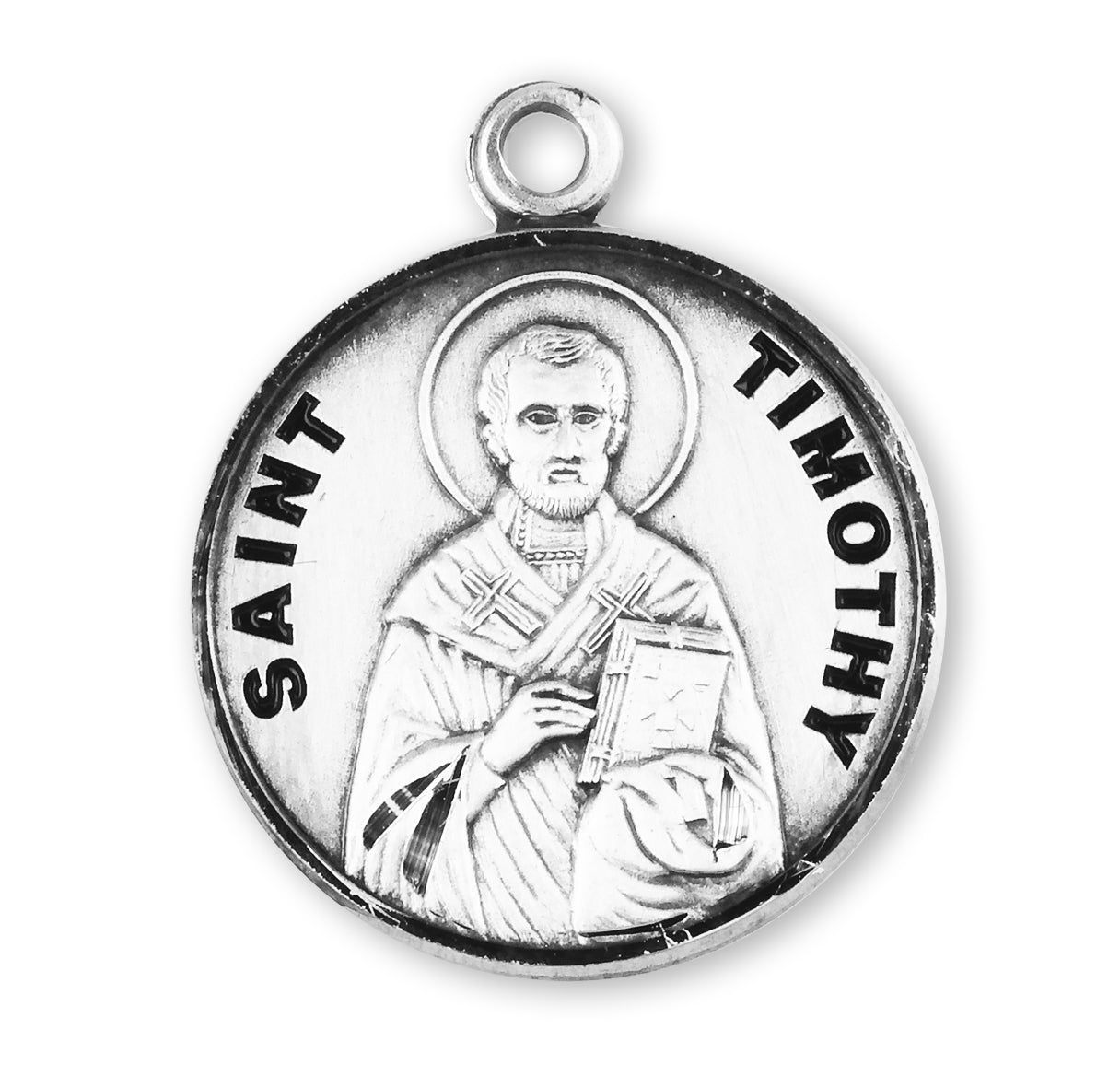 Patron Saint Timothy Round Sterling Silver Medal Pendant with Chain