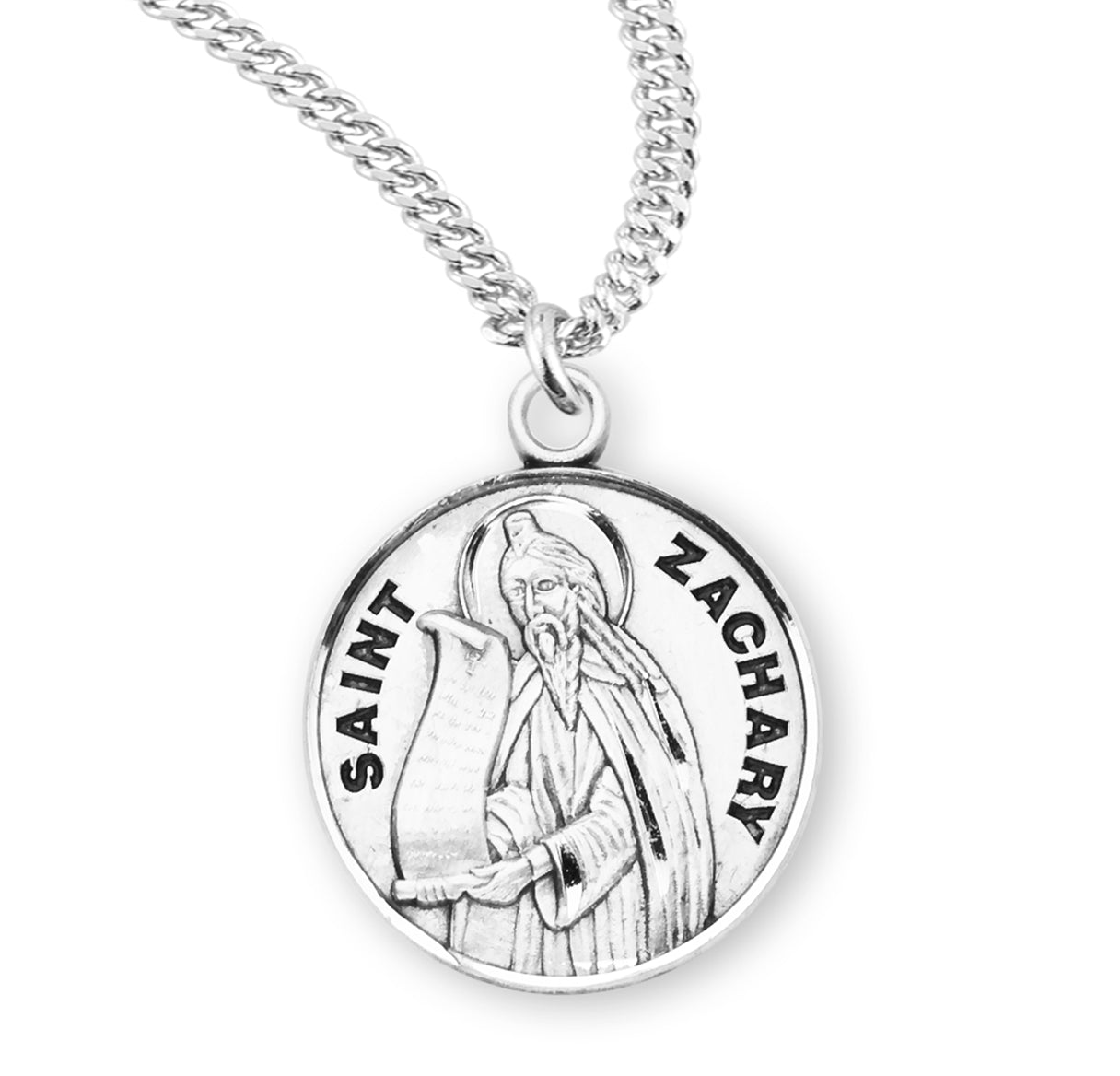 Patron Saint Zachary Round Sterling Silver Medal Pendant with Chain