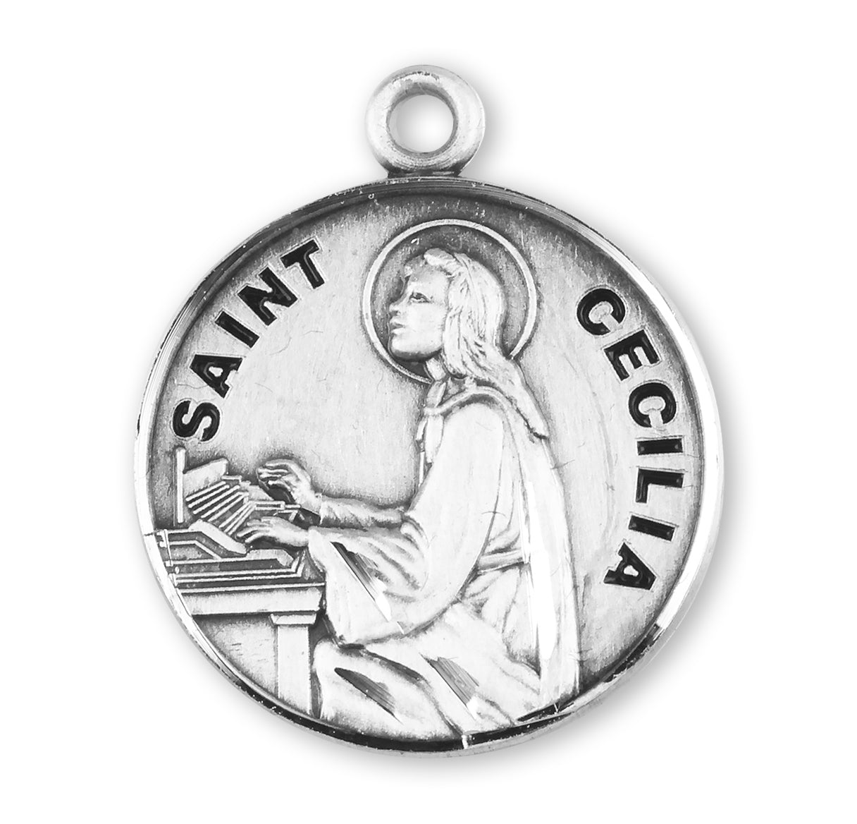 Patron Saint Cecilia Round Sterling Silver Medal Pendant with Chain