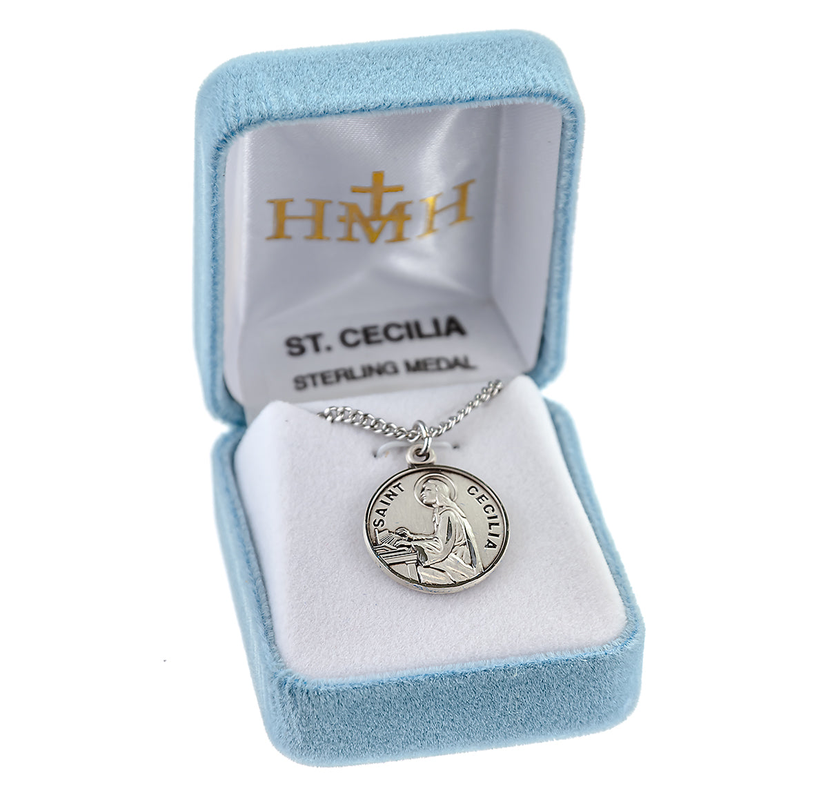 Patron Saint Cecilia Round Sterling Silver Medal Pendant with Chain