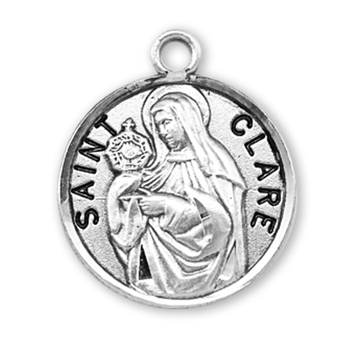 Patron Saint Clare Round Sterling Silver Medal Pendant with Chain