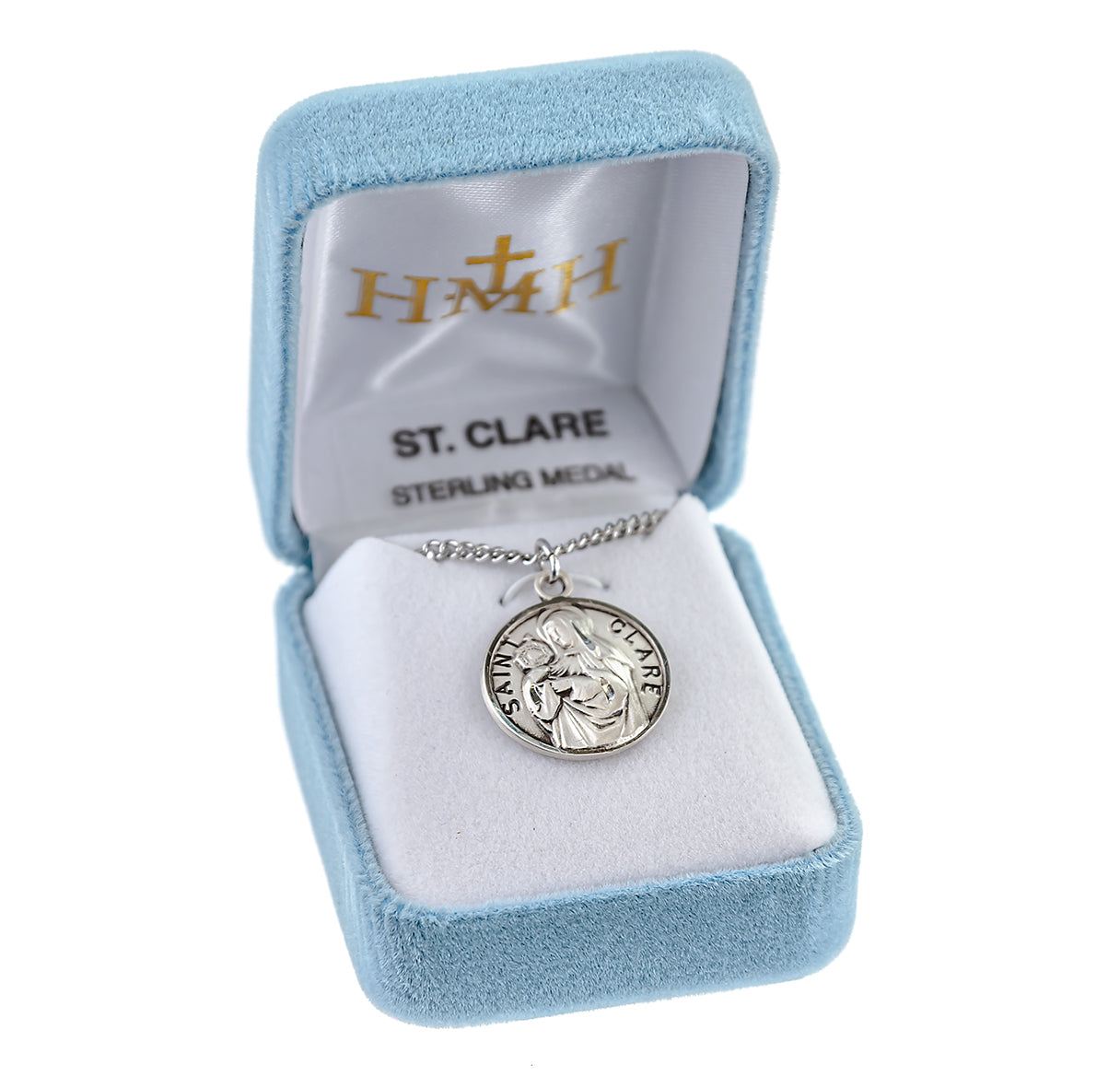 Patron Saint Clare Round Sterling Silver Medal Pendant with Chain