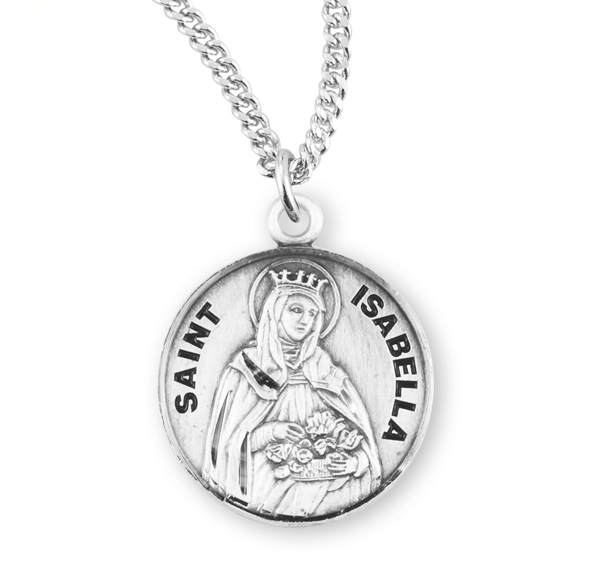Patron Saint Isabella Round Sterling Silver Medal Pendant with Chain