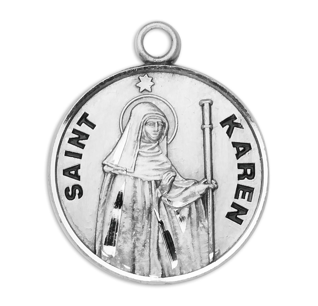 Patron Saint Karen Round Sterling Silver Medal Pendant with Chain