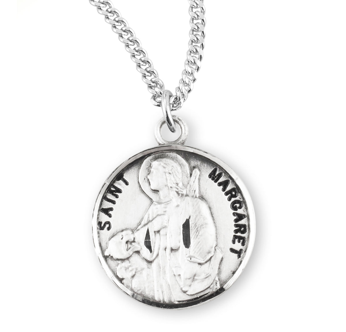 Patron Saint Margaret Round Sterling Silver Medal Pendant with Chain
