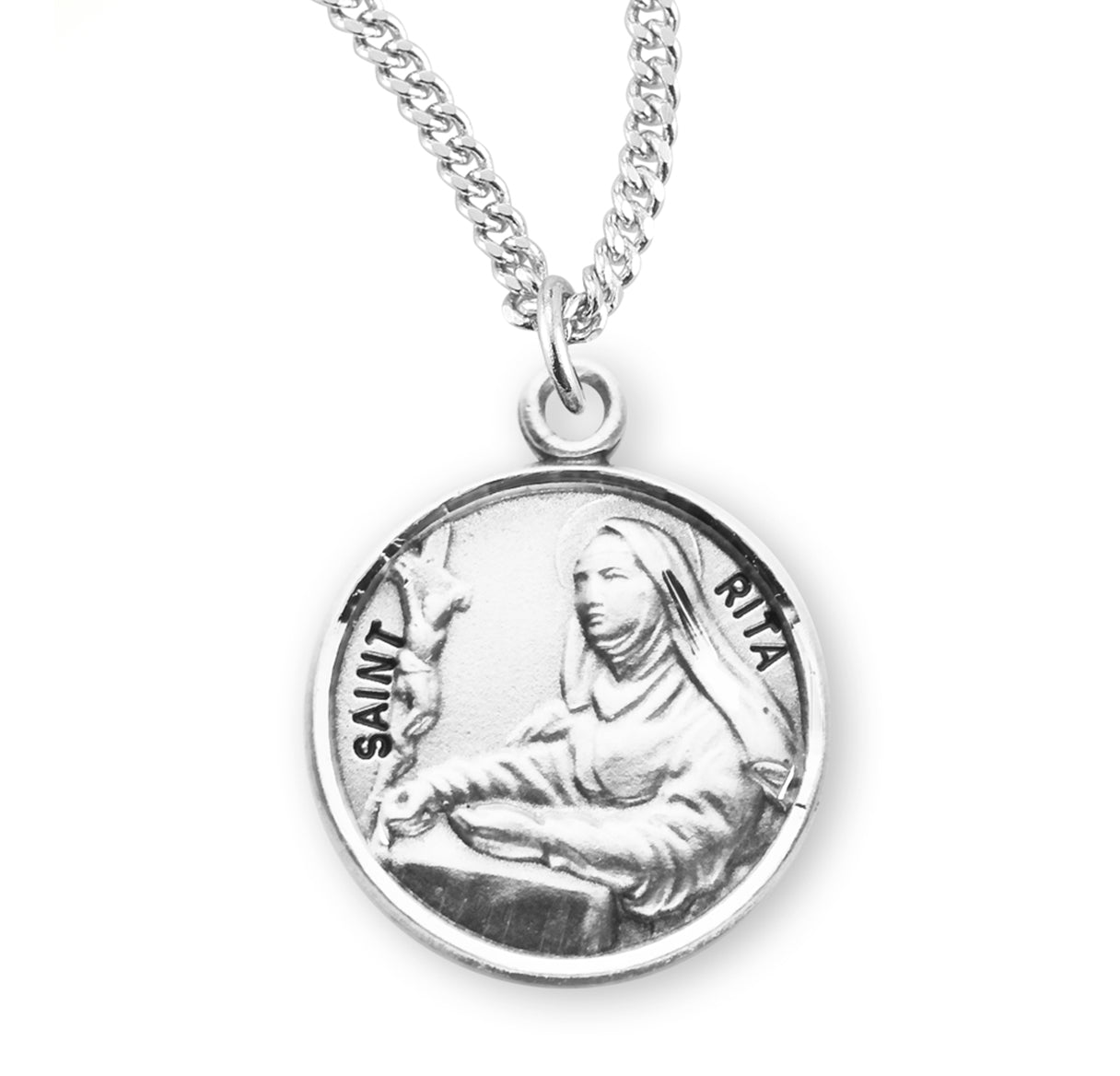 Patron Saint Rita Round Sterling Silver Medal Pendant with Chain