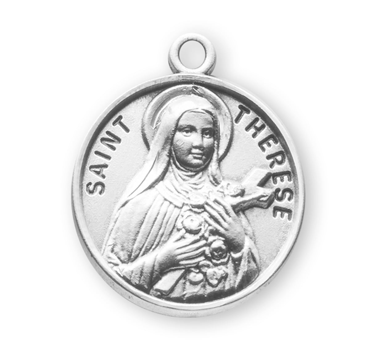 Patron Saint Therese Round Sterling Silver Medal Pendant with Chain