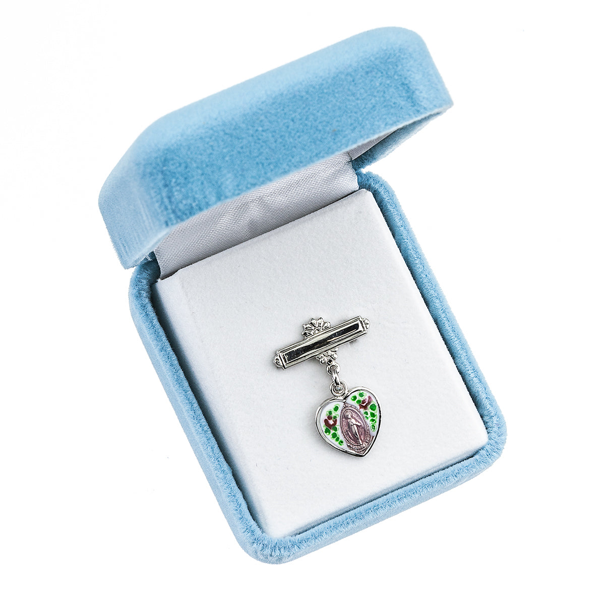 Sterling Silver Heart Shape Baby Miraculous Medal Pink on a Bar Pin