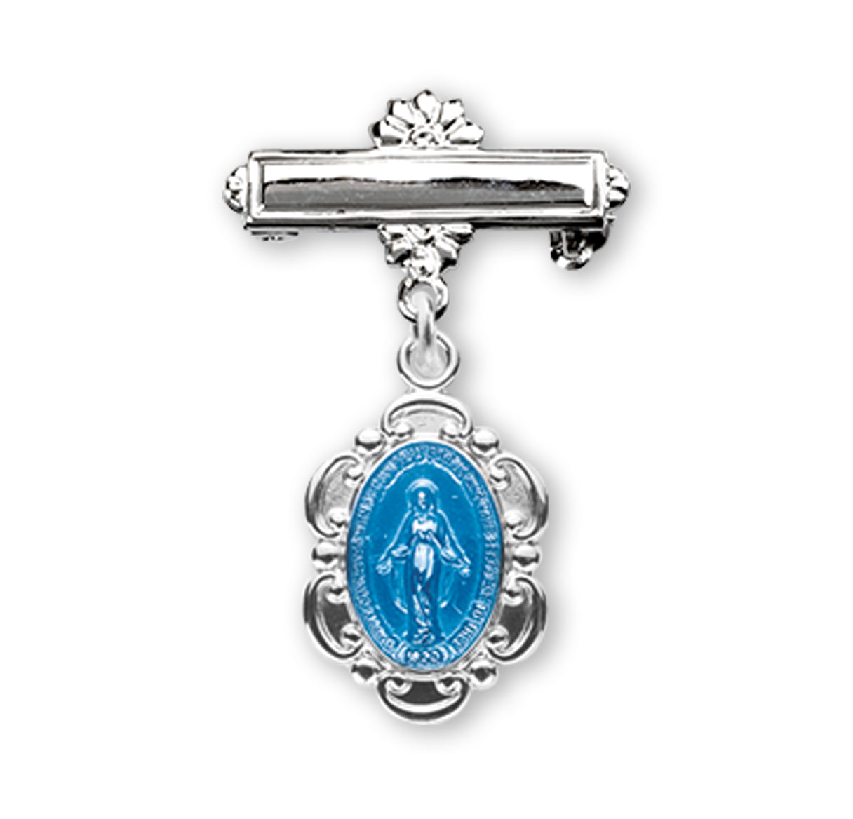Sterling Silver Scalloped Edge Miraculous Medal on a Bar Pin