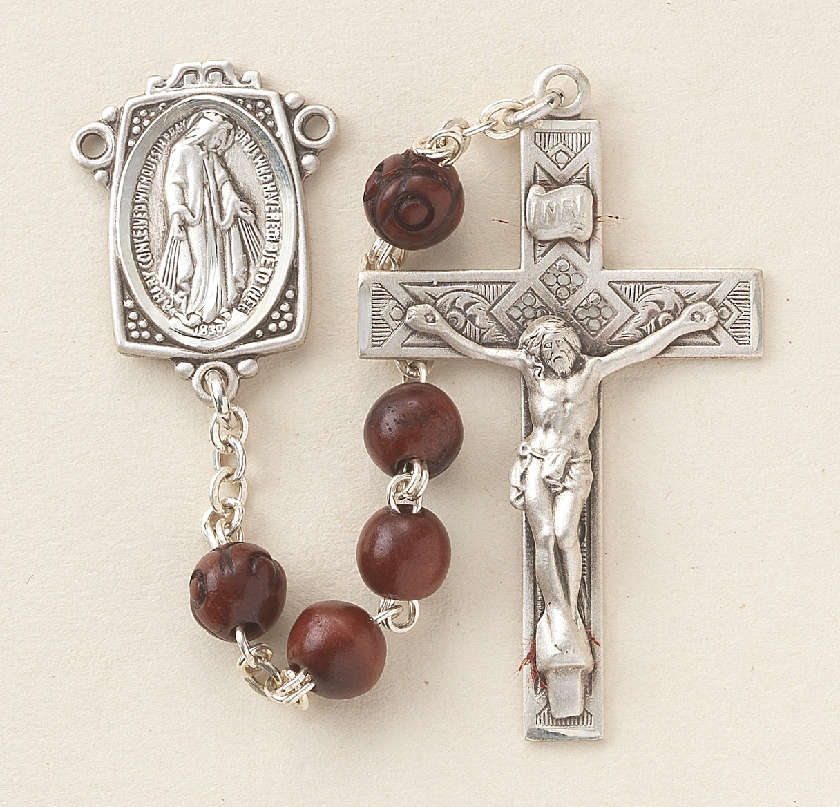 6mm Maroon Round Cocoa Bead Rosary, Carved O.F. Beads