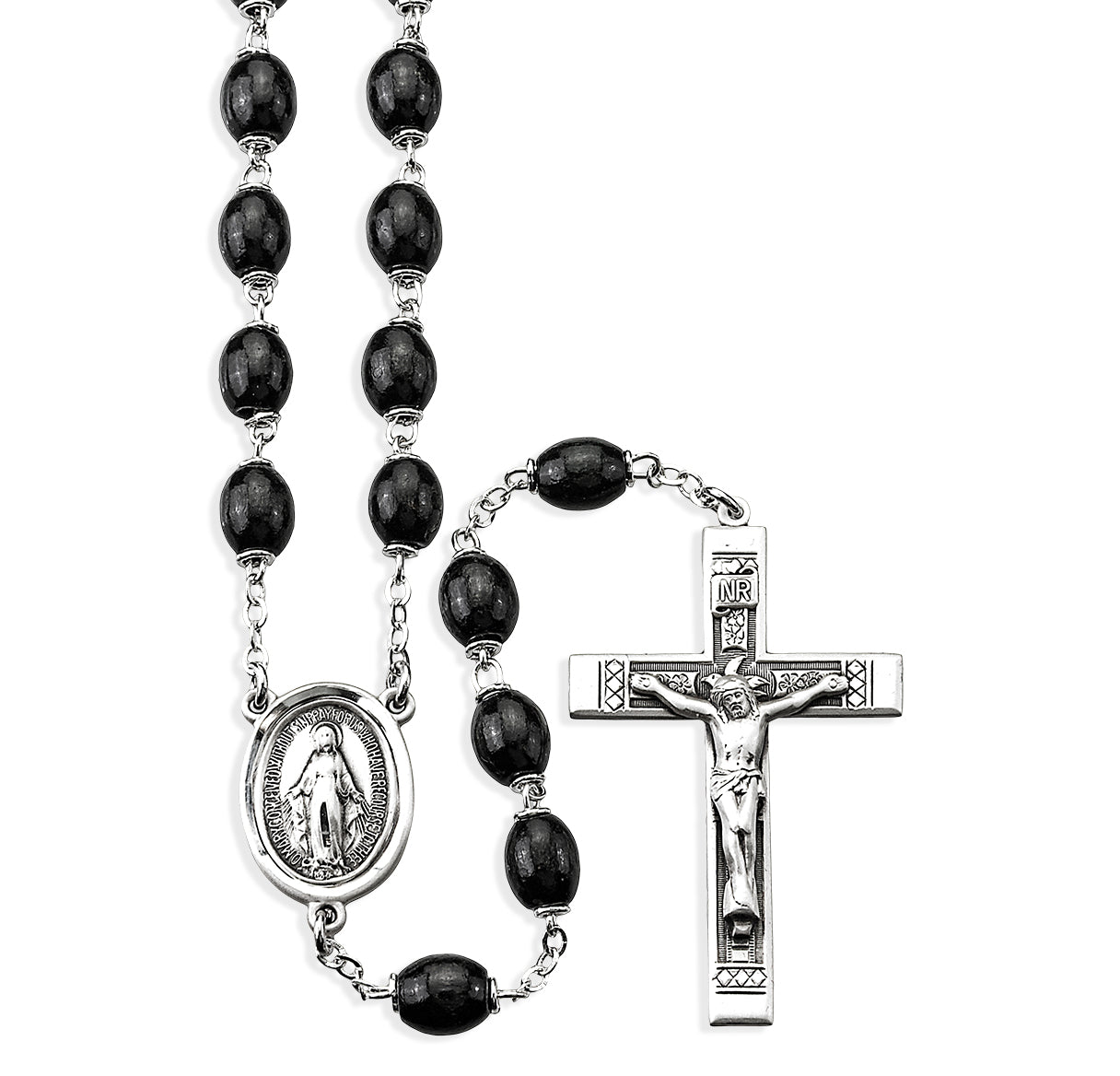Black Oval Boxwood Rosary Sterling Crucifix and Centerpiece