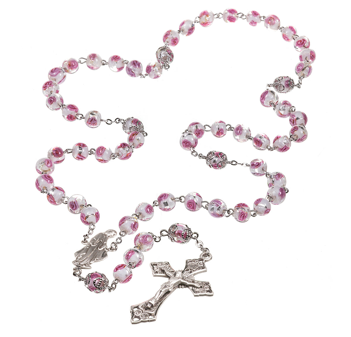 8mm Pink Rose Embedded Glass Beads with Double Capped "Our Father" Beads