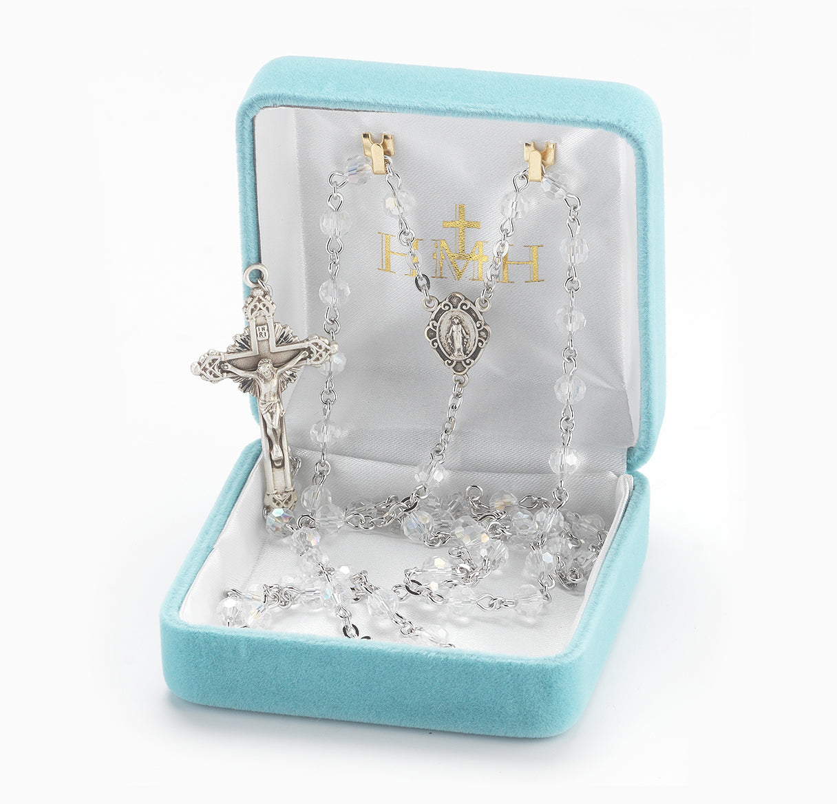 Rosary Sterling Crucifix and Centerpiece Created with finest Austrian Crystal 5mm Round Aurora Borealis Beads by HMH