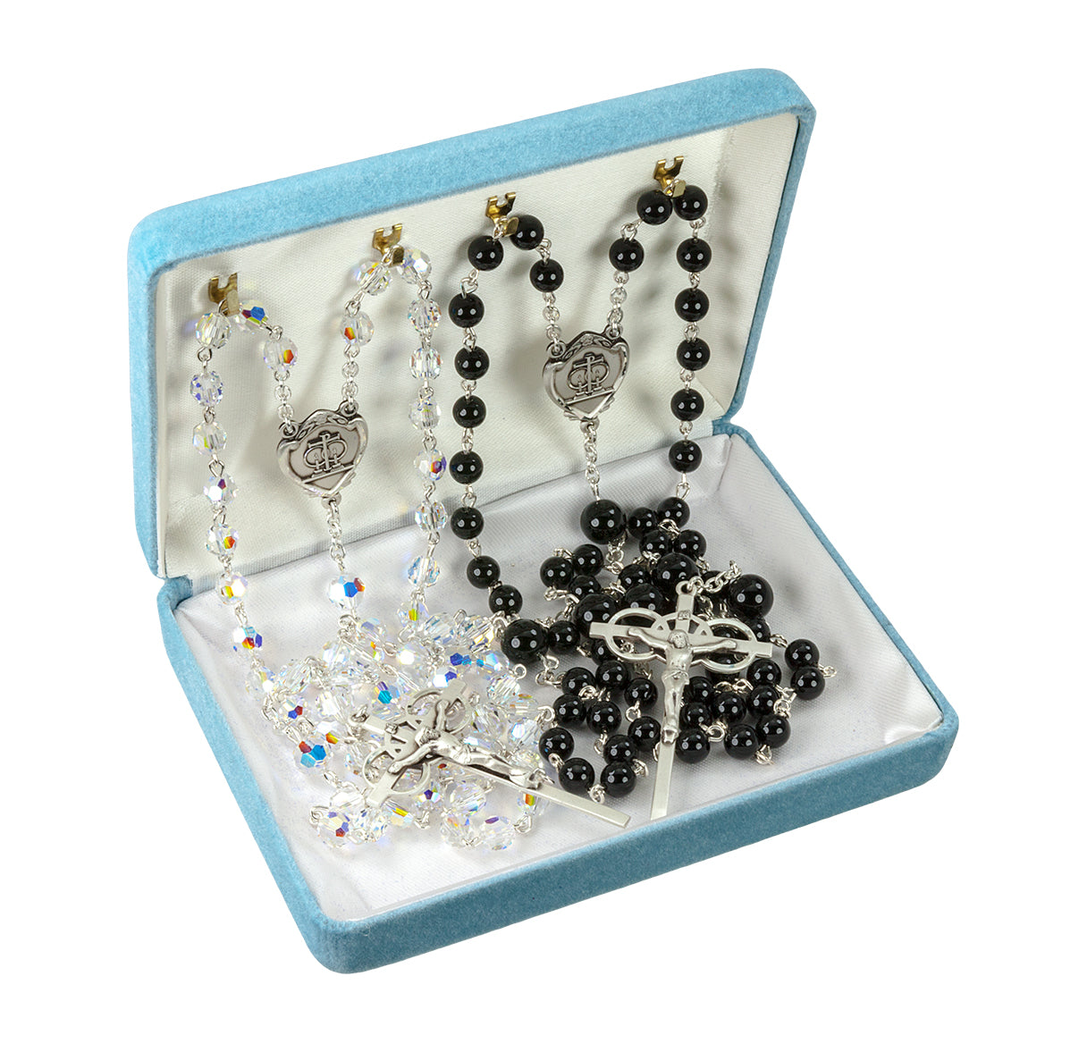 Wedding Rosary Sterling Crucifix and Centerpiece Set Created with finest Austrian Crystal 6mm Aurora Borealis Beads and 6mm Onyx Beads by HMH