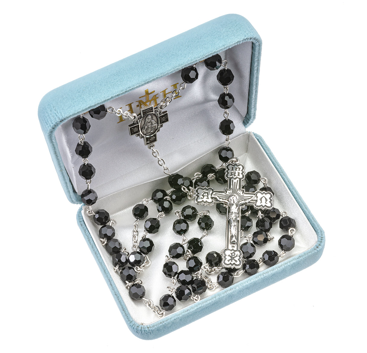 Rosary Sterling Crucifix and Centerpiece Created with finest Austrian Crystal 7mm Faceted Jet Black Beads by HMH
