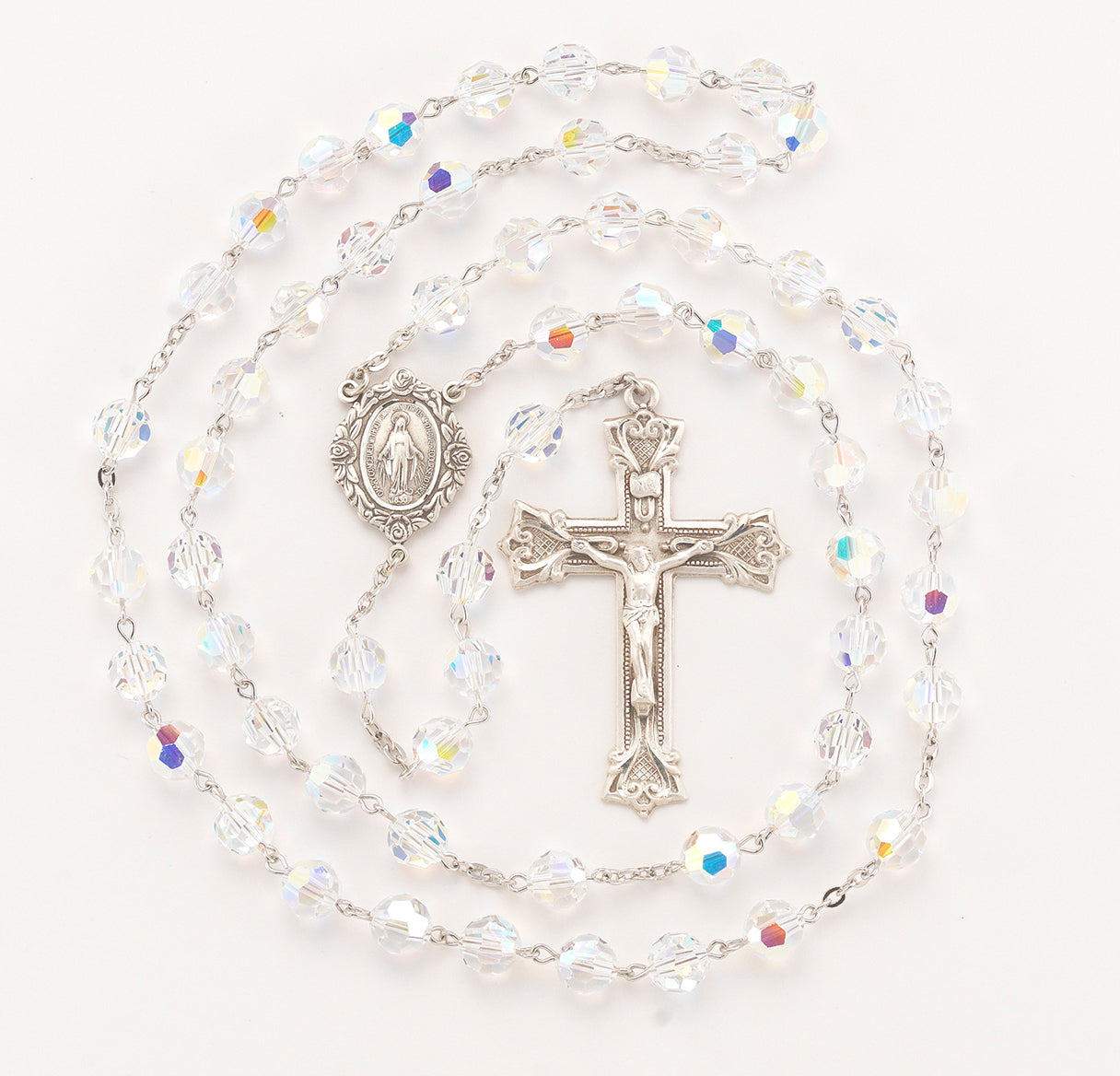 Rosary Sterling Crucifix and Centerpiece Created with finest Austrian Crystal 8mm Aurora Borealis Beads by HMH