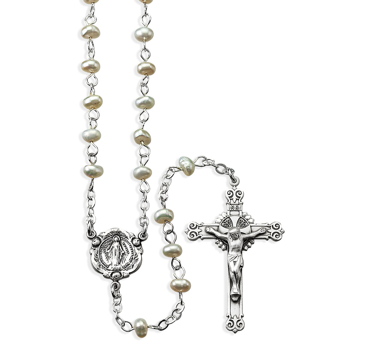 White Freshwater Pearl Rosary Sterling Crucifix and Centerpiece | .925 Silver