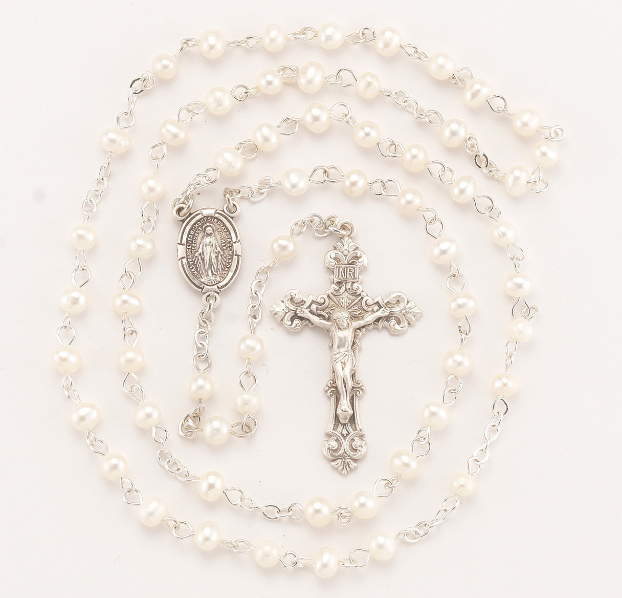 White Freshwater Pearl Rosary Sterling Crucifix and Centerpiece | .925 Silver