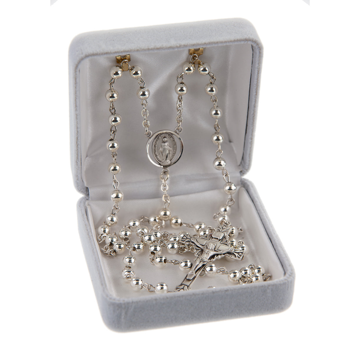 Sterling Silver Rosary Hand Made with Sterling Round Beads 5mm. Solid Sterling Oval Miraculous Medal Centerpiece with Extended Leaf Tipped Crucifix