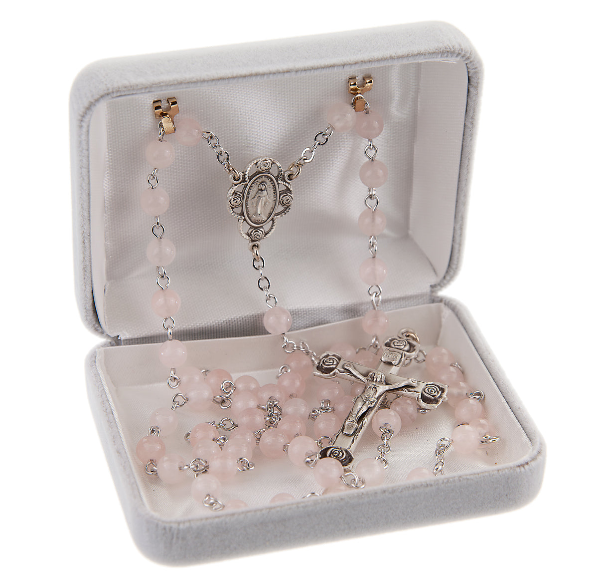 Sterling Silver Rosary Hand Made with Genuine Rose Quartz Semi Precious Stones 6mm with Sterling Silver Rosebud Crucifix with Sculpted Rose tips
